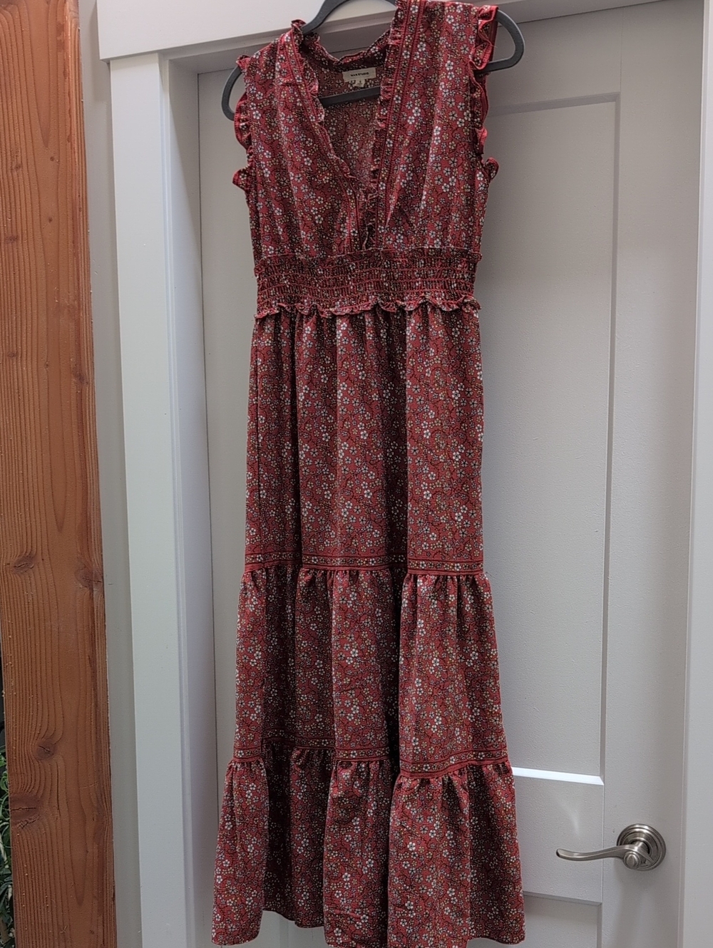 Max Studio Rust Red Floral Smocked Maxi Dress S